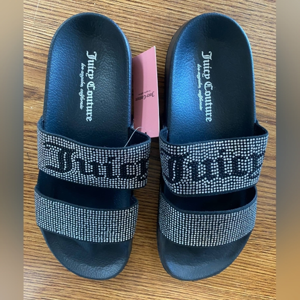 Juicy Couture Women's 7M Black Rhinestone Slide Sandals Comfort Slip On